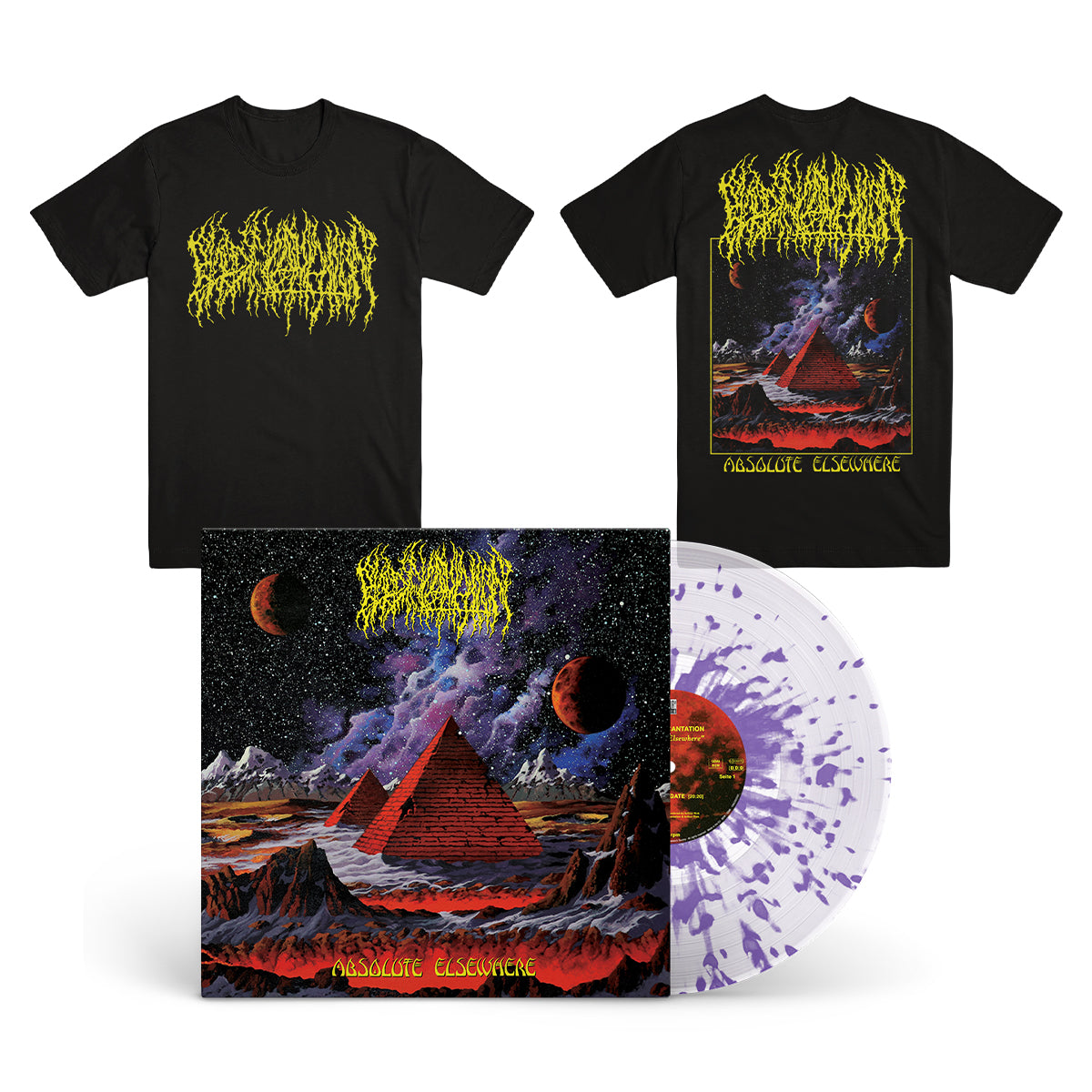 BLOOD INCANTATION &quot;Absolute Elsewhere&quot; LP + T-Shirt Bundle CLEAR LILAC SPLATTER